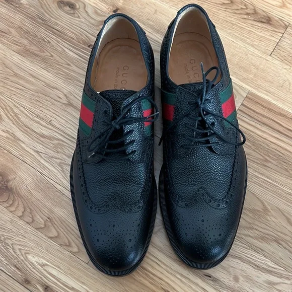 Gucci Dress Shoes Leather Oxford Green/Red Stripe